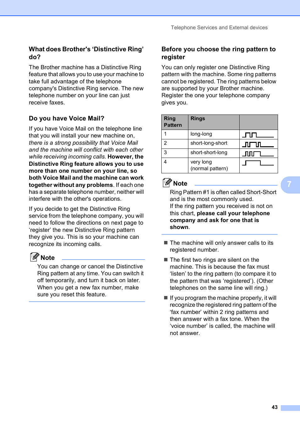 What does brother's ‘distinctive ring’ do, Do you have voice mail, Before you choose the ring pattern to register | Brother MFC-255CW User Manual | Page 57 / 180