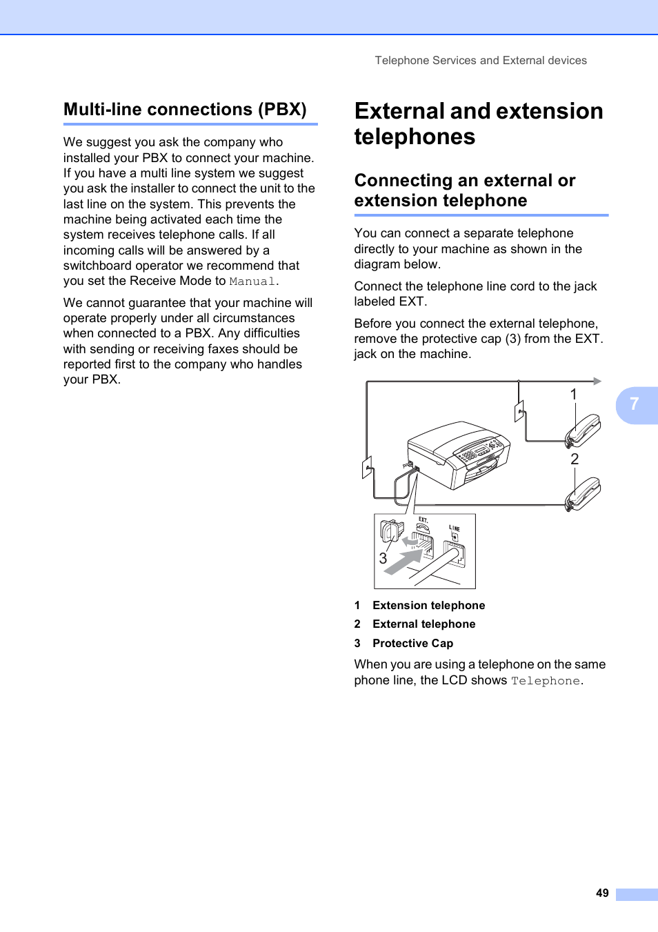 Multi-line connections (pbx), External and extension telephones, Connecting an external or extension telephone | 7multi-line connections (pbx) | Brother MFC-255CW User Manual | Page 63 / 180