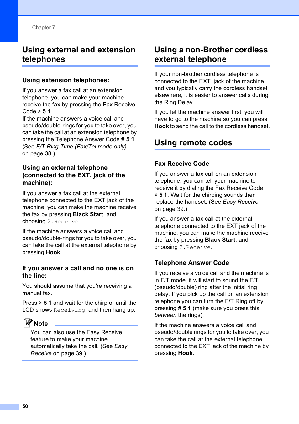 Using external and extension telephones, Using extension telephones, If you answer a call and no one is on the line | Using a non-brother cordless external telephone, Using remote codes, Fax receive code, Telephone answer code | Brother MFC-255CW User Manual | Page 64 / 180