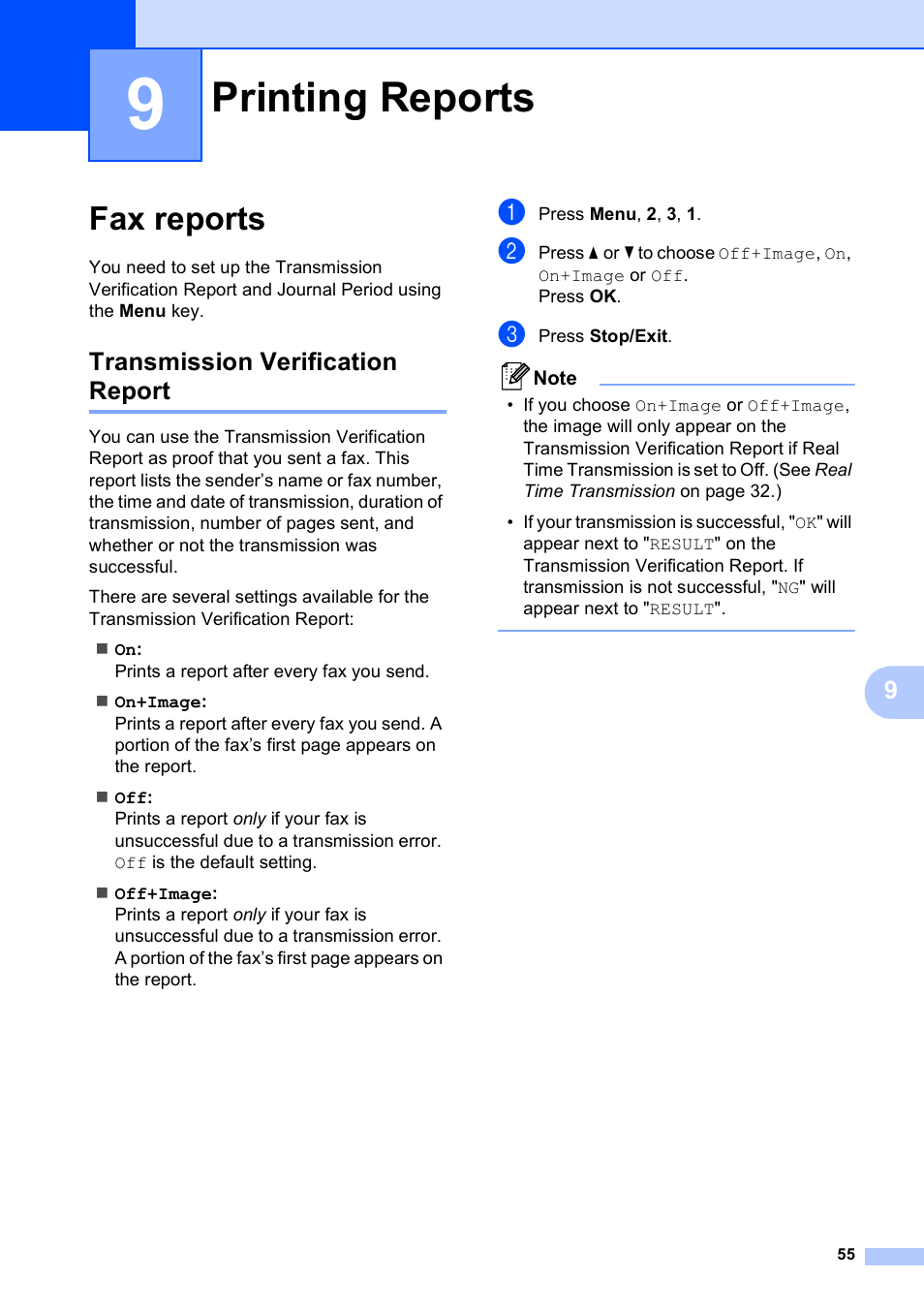 9 printing reports, Fax reports, Transmission verification report | Printing reports | Brother MFC-255CW User Manual | Page 69 / 180