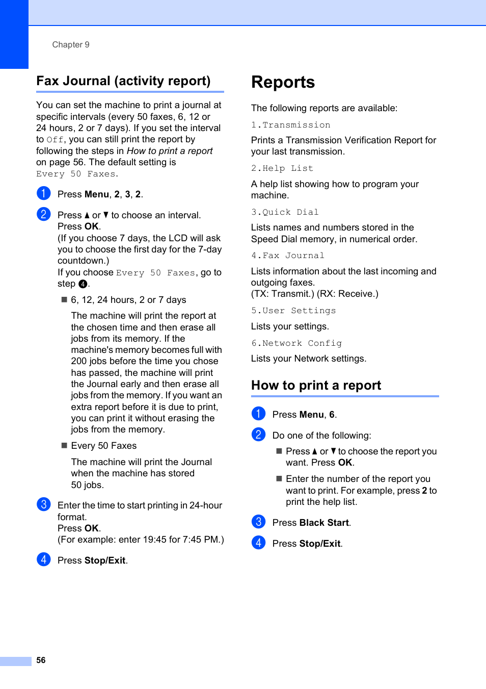 Fax journal (activity report), Reports, How to print a report | Brother MFC-255CW User Manual | Page 70 / 180