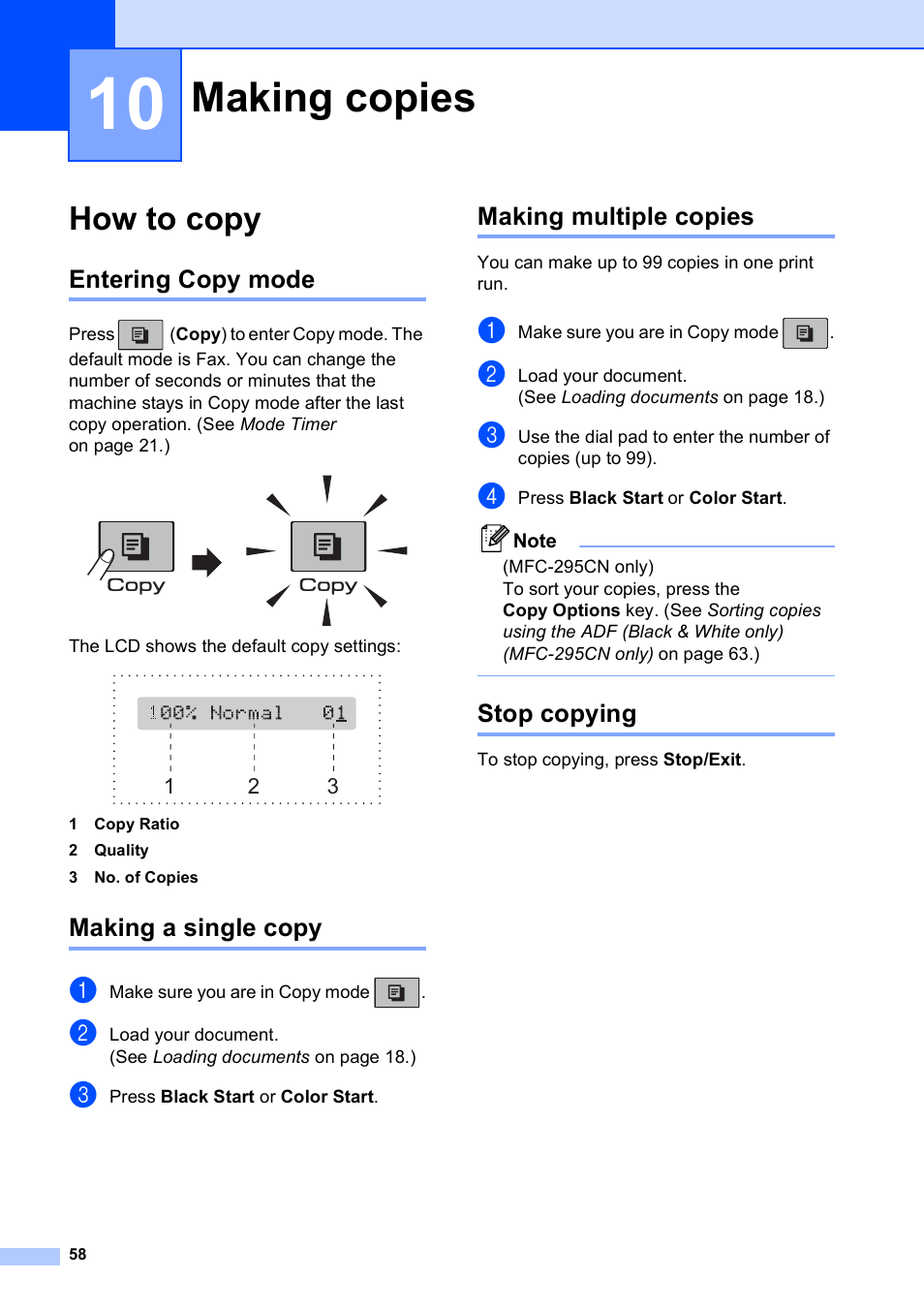 10 making copies, How to copy, Entering copy mode | Making a single copy, Making multiple copies, Stop copying, Making copies | Brother MFC-255CW User Manual | Page 72 / 180