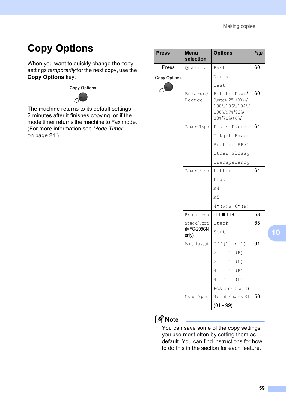 Copy options | Brother MFC-255CW User Manual | Page 73 / 180