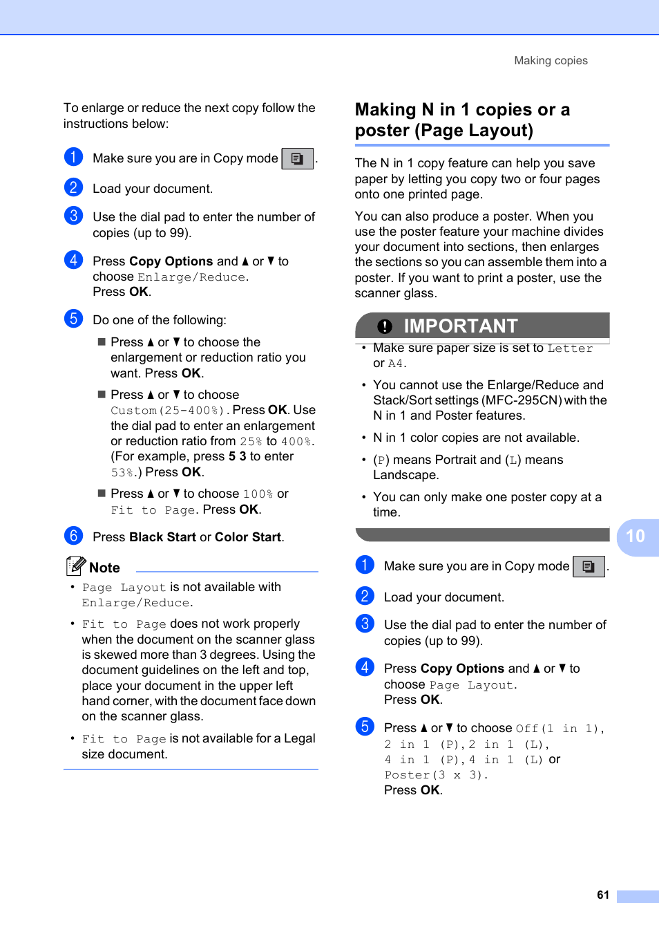 Important, Making n in 1 copies or a poster (page layout) | Brother MFC-255CW User Manual | Page 75 / 180