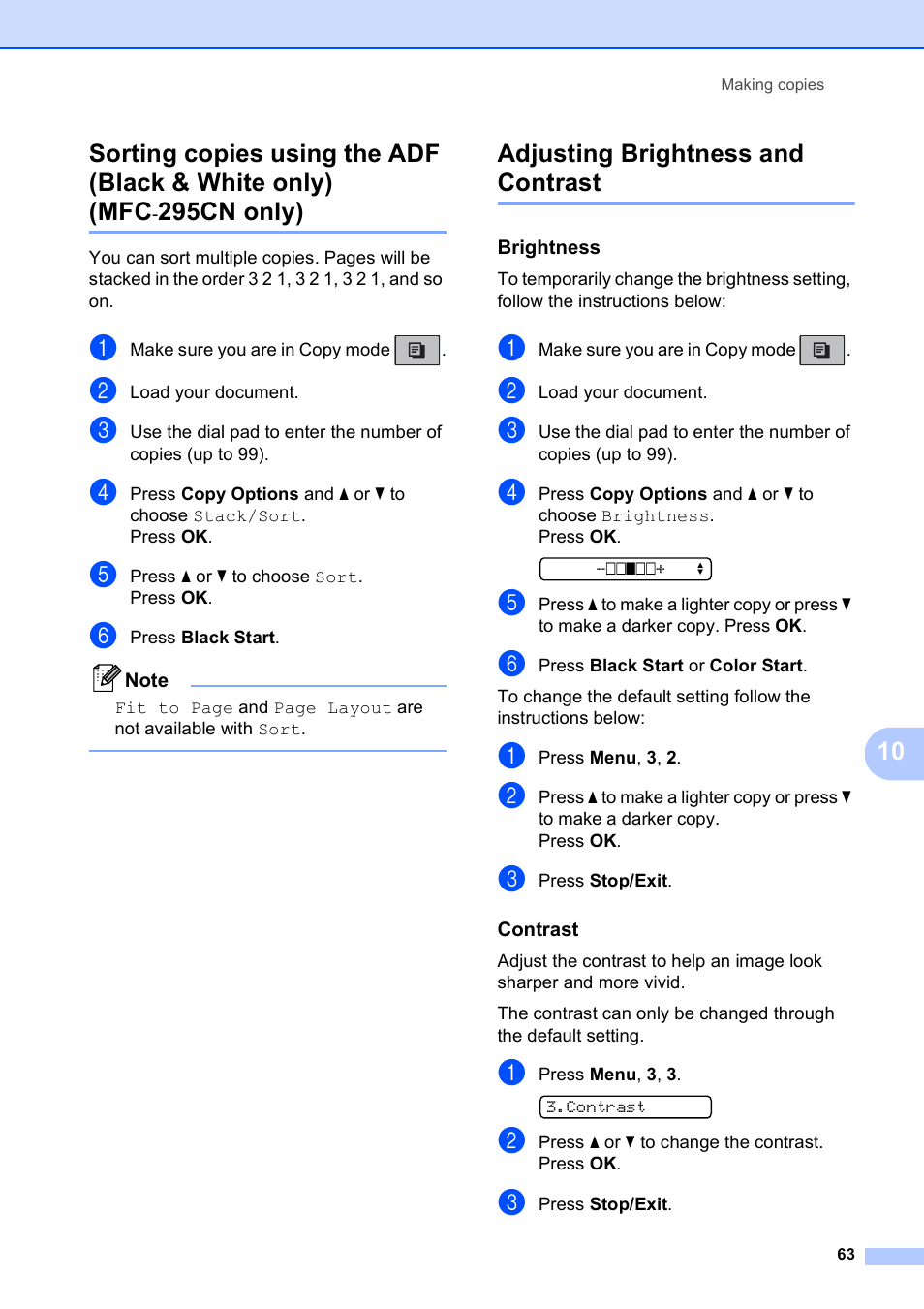 Adjusting brightness and contrast, Brightness, Contrast | 295cn only) | Brother MFC-255CW User Manual | Page 77 / 180