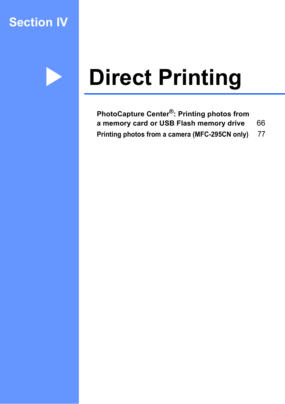 Section iv: direct printing, Section iv direct printing, Direct printing | Brother MFC-255CW User Manual | Page 79 / 180