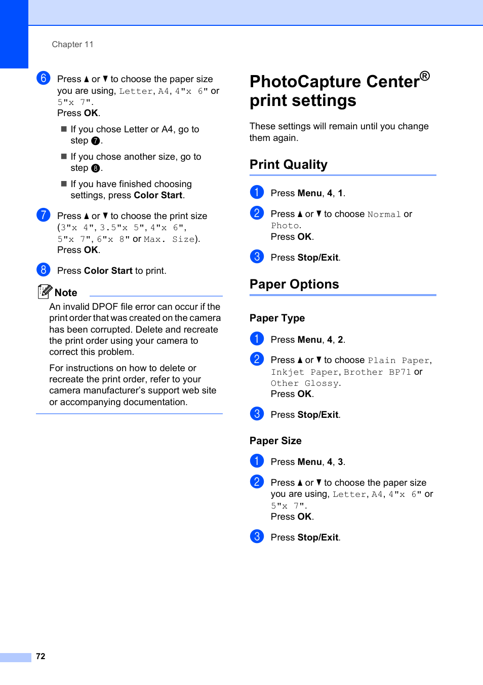 Photocapture center® print settings, Print quality, Paper options | Paper type, Paper size, Photocapture center, Print settings, Print quality paper options | Brother MFC-255CW User Manual | Page 86 / 180