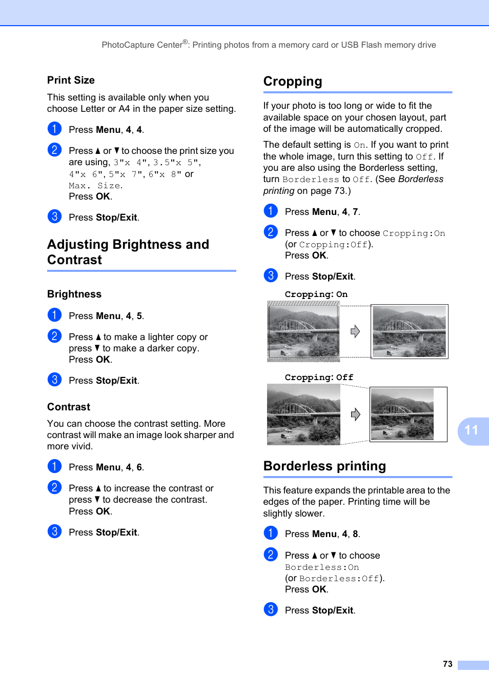 Print size, Adjusting brightness and contrast, Brightness | Contrast, Cropping, Borderless printing | Brother MFC-255CW User Manual | Page 87 / 180
