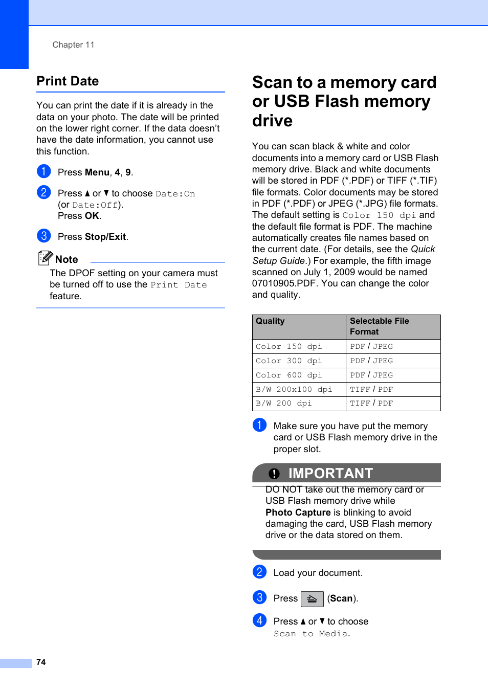 Print date, Scan to a memory card or usb flash memory drive, Important | Brother MFC-255CW User Manual | Page 88 / 180