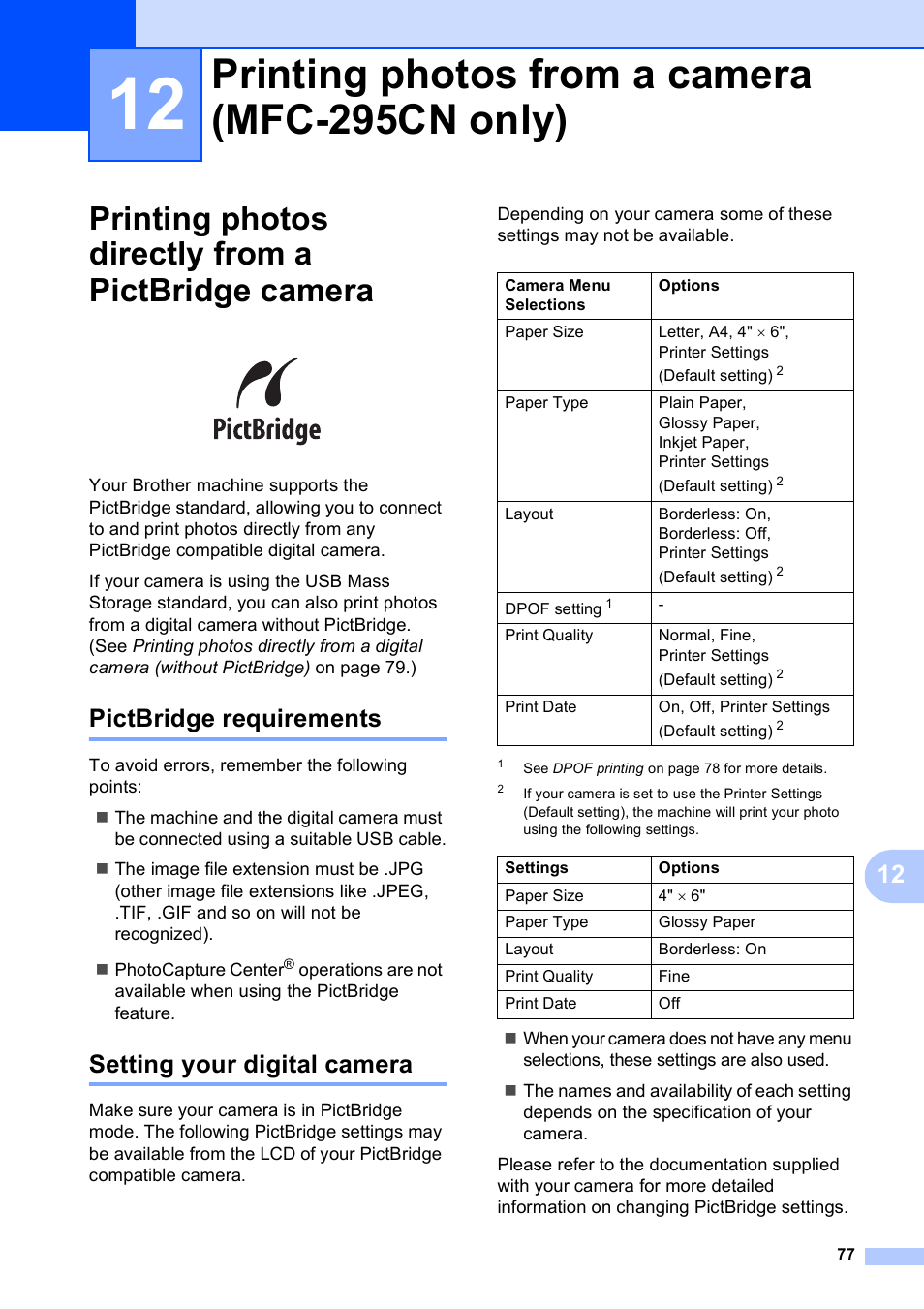 12 printing photos from a camera (mfc-295cn only), Printing photos directly from a pictbridge camera, Pictbridge requirements | Setting your digital camera, Printing photos from a camera (mfc-295cn only) | Brother MFC-255CW User Manual | Page 91 / 180