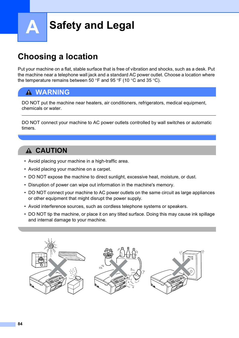 A safety and legal, Choosing a location, Safety and legal | Warning, Caution | Brother MFC-255CW User Manual | Page 98 / 180