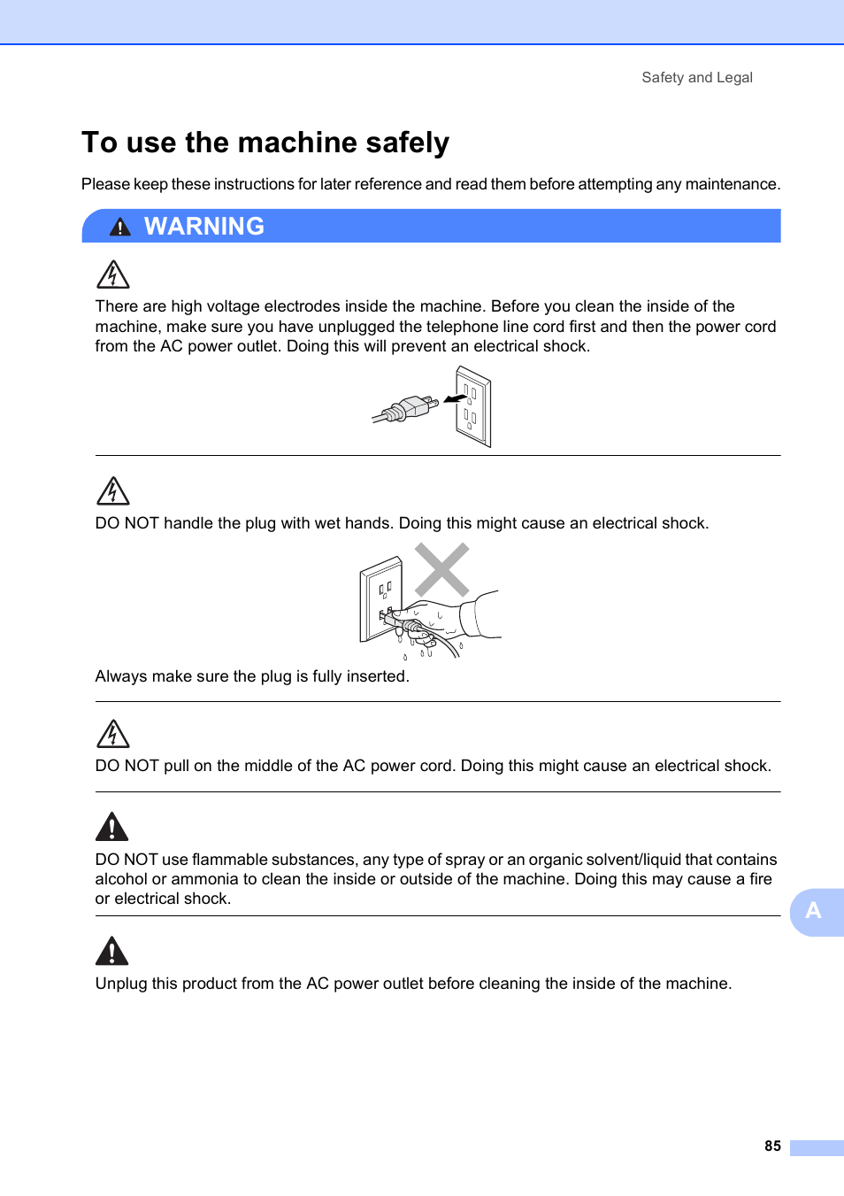 To use the machine safely, Warning, Always make sure the plug is fully inserted | Safety and legal 85 | Brother MFC-255CW User Manual | Page 99 / 180