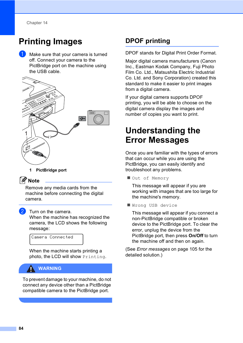 Printing images, Dpof printing, Understanding the error messages | Brother MFC-5860CN User Manual | Page 100 / 169