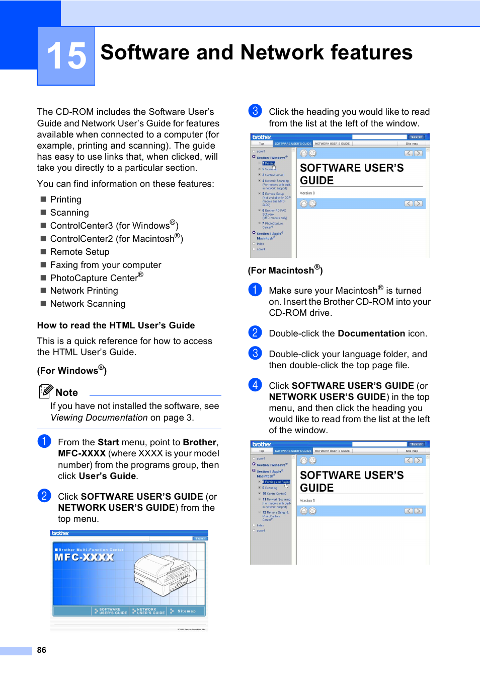 15 software and network features, Software and network features | Brother MFC-5860CN User Manual | Page 102 / 169