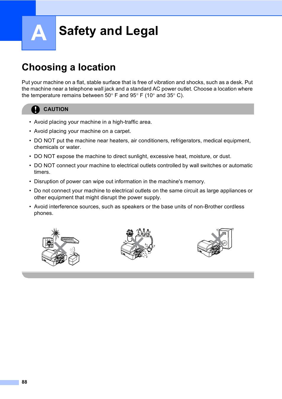 A safety and legal, Choosing a location, Safety and legal | Brother MFC-5860CN User Manual | Page 104 / 169