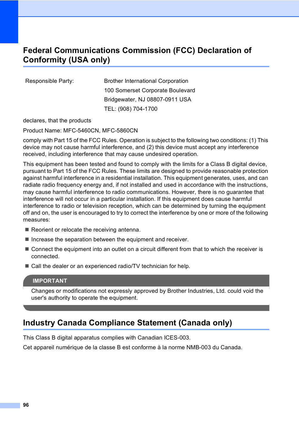 Industry canada compliance statement (canada only), Usa only) | Brother MFC-5860CN User Manual | Page 112 / 169