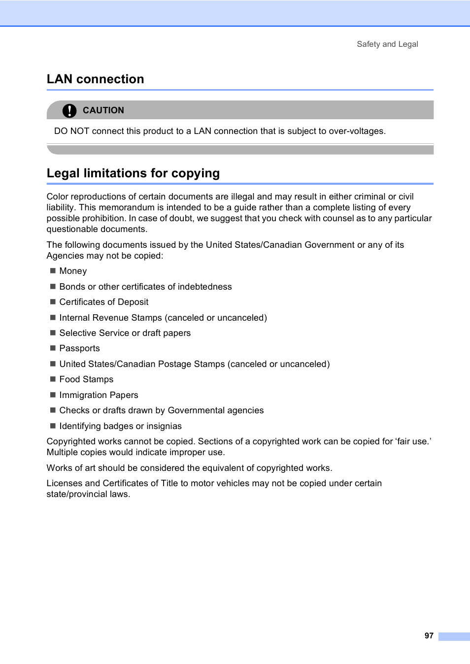 Lan connection, Legal limitations for copying, Lan connection legal limitations for copying | Brother MFC-5860CN User Manual | Page 113 / 169