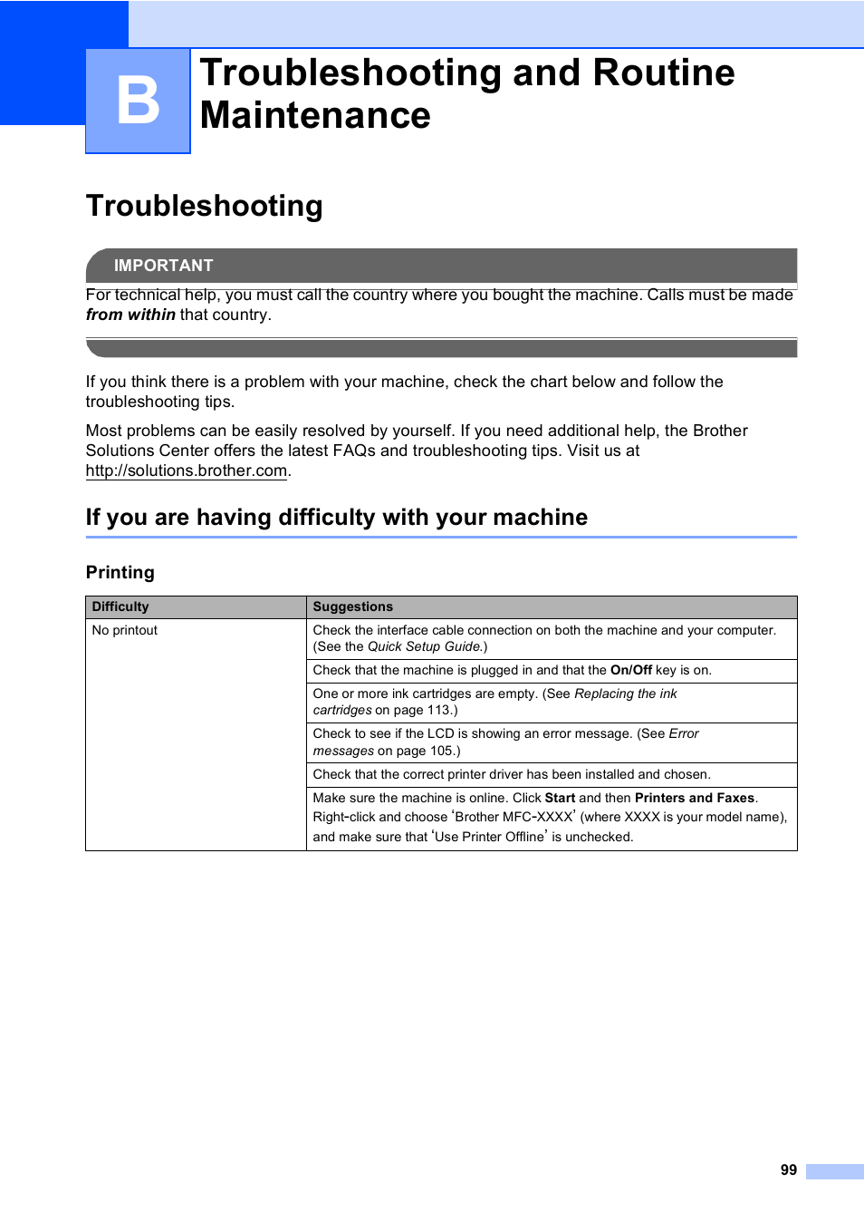 B troubleshooting and routine maintenance, Troubleshooting, If you are having difficulty with your machine | Troubleshooting and routine maintenance | Brother MFC-5860CN User Manual | Page 115 / 169