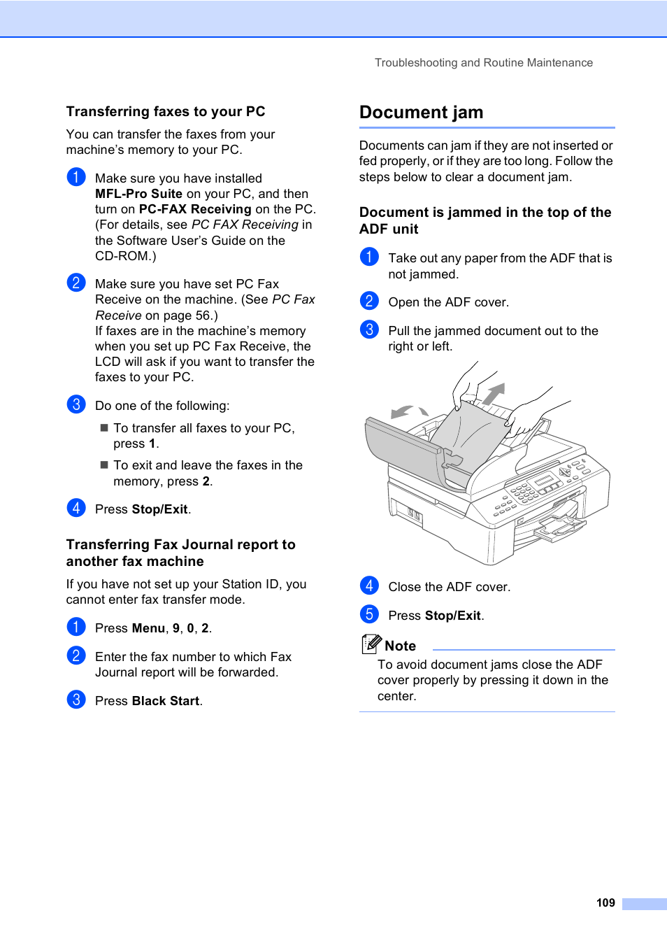 Transferring faxes to your pc, Document jam, Document is jammed in the top of the adf unit | Brother MFC-5860CN User Manual | Page 125 / 169