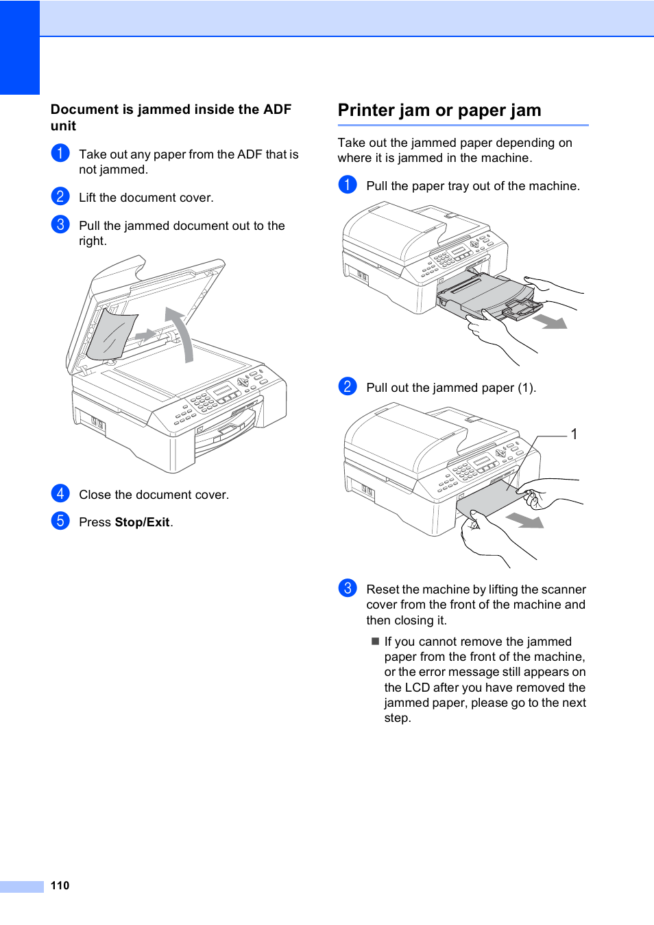 Document is jammed inside the adf unit, Printer jam or paper jam | Brother MFC-5860CN User Manual | Page 126 / 169