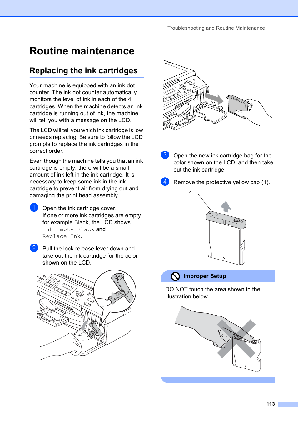 Routine maintenance, Replacing the ink cartridges | Brother MFC-5860CN User Manual | Page 129 / 169