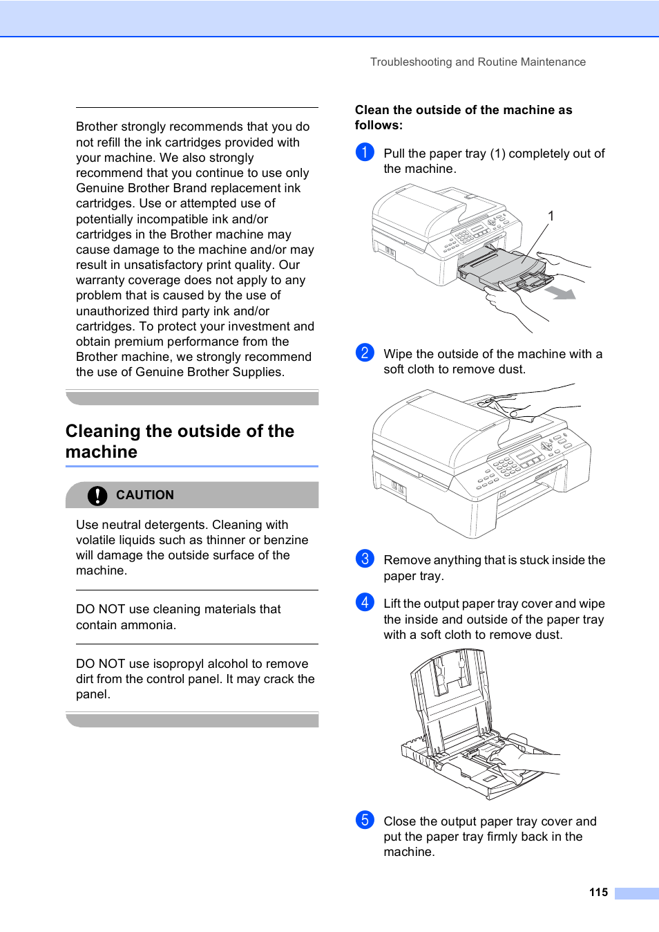 Cleaning the outside of the machine, Caution, Do not use cleaning materials that contain ammonia | Clean the outside of the machine as follows | Brother MFC-5860CN User Manual | Page 131 / 169