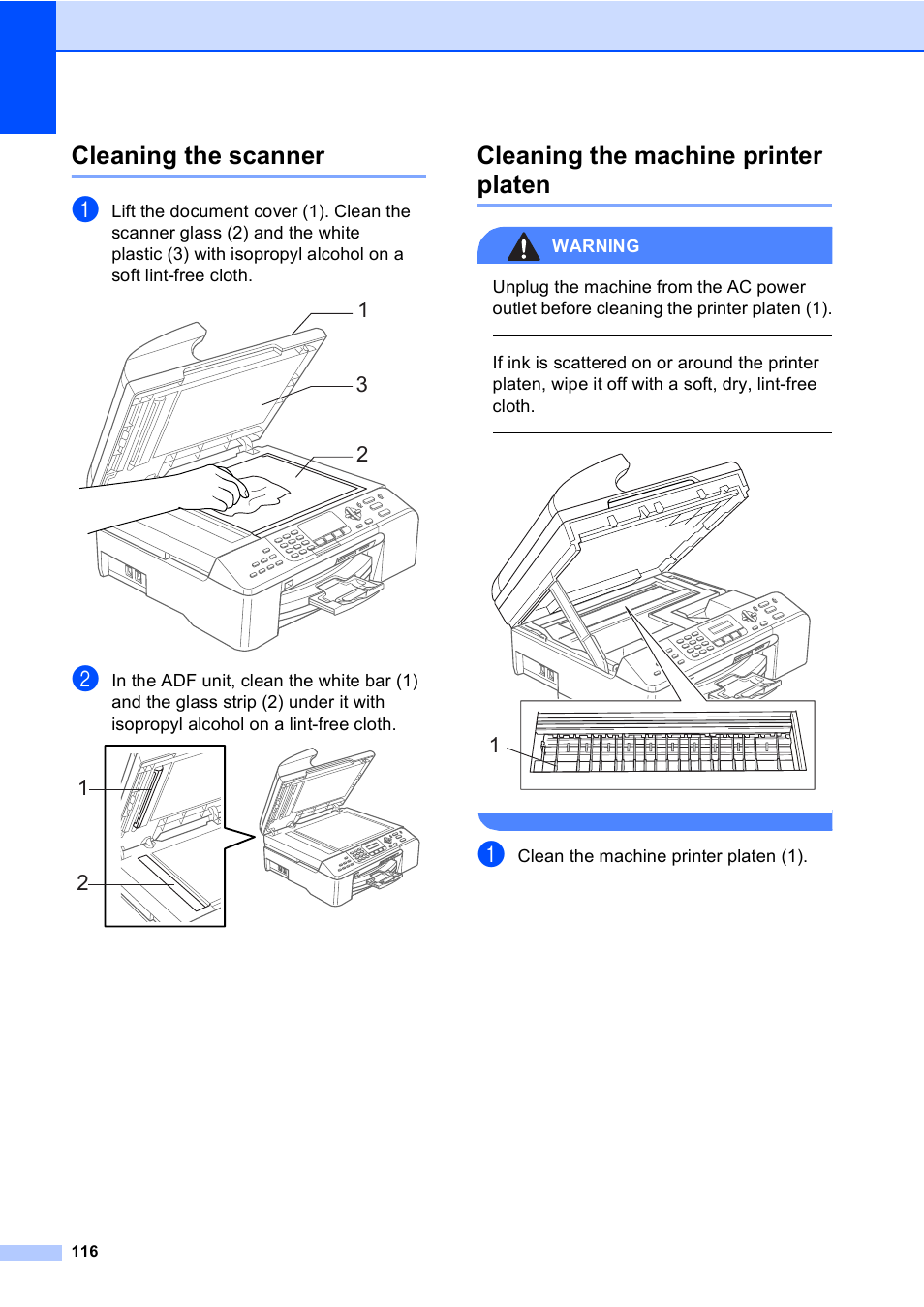 Cleaning the scanner, Cleaning the machine printer platen | Brother MFC-5860CN User Manual | Page 132 / 169