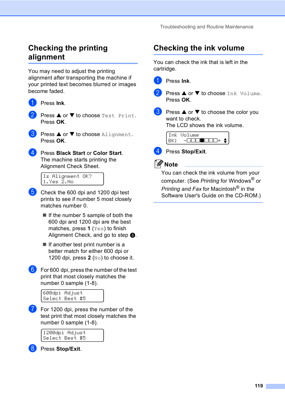 Checking the printing alignment, Checking the ink volume | Brother MFC-5860CN User Manual | Page 135 / 169