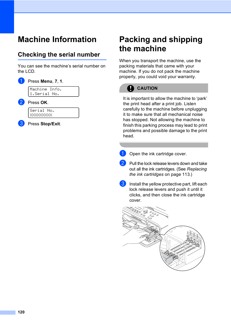 Machine information, Checking the serial number, Packing and shipping the machine | Brother MFC-5860CN User Manual | Page 136 / 169