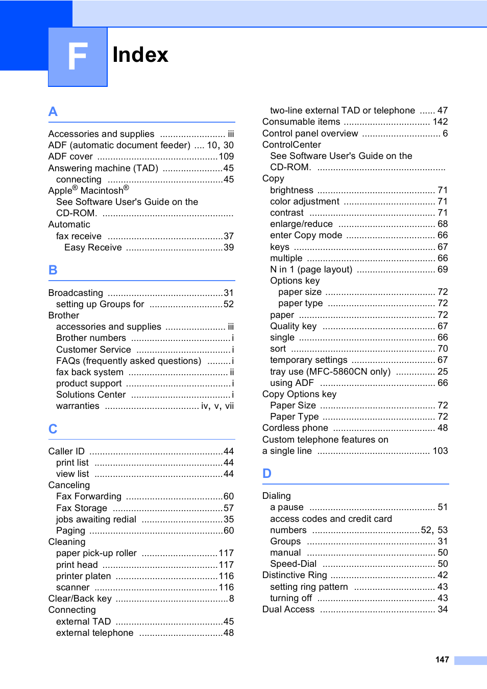 Index | Brother MFC-5860CN User Manual | Page 163 / 169