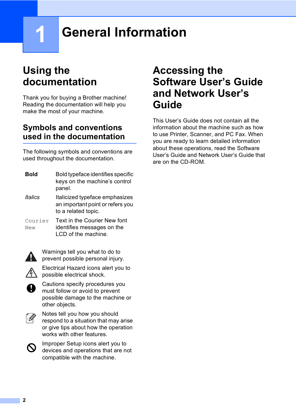 1 general information, Using the documentation, Symbols and conventions used in the documentation | General information | Brother MFC-5860CN User Manual | Page 18 / 169