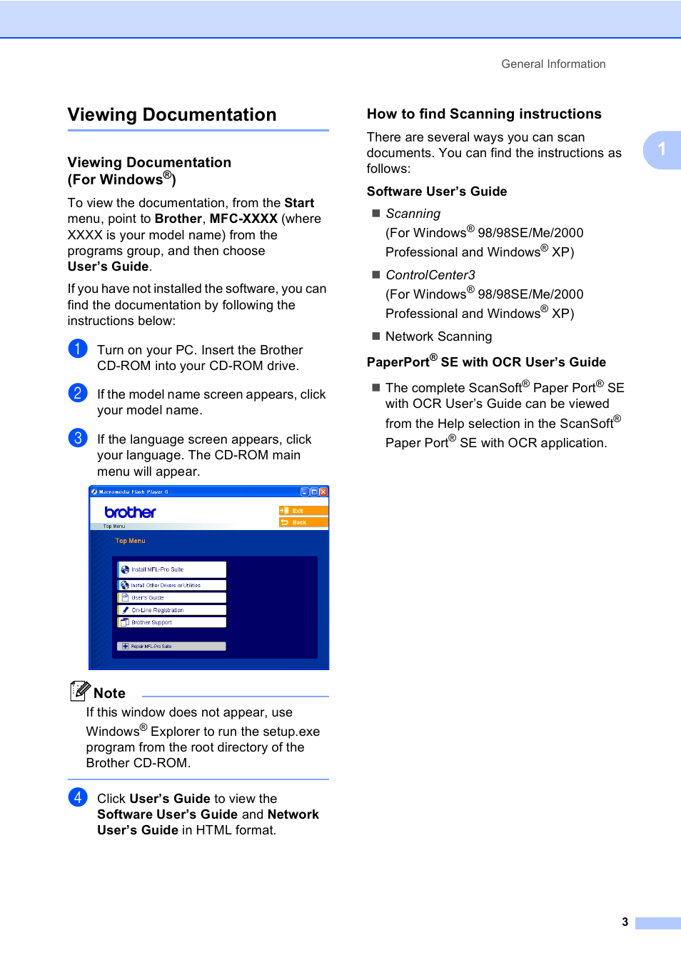 Viewing documentation, Viewing documentation (for windows®), How to find scanning instructions | 1viewing documentation | Brother MFC-5860CN User Manual | Page 19 / 169