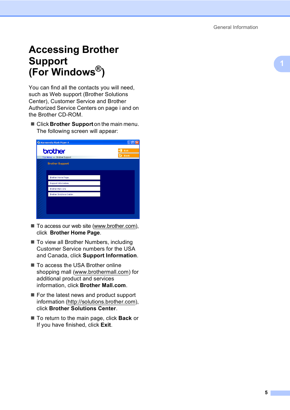 Accessing brother support (for windows®), Accessing brother support, For windows | Accessing brother support (for windows | Brother MFC-5860CN User Manual | Page 21 / 169