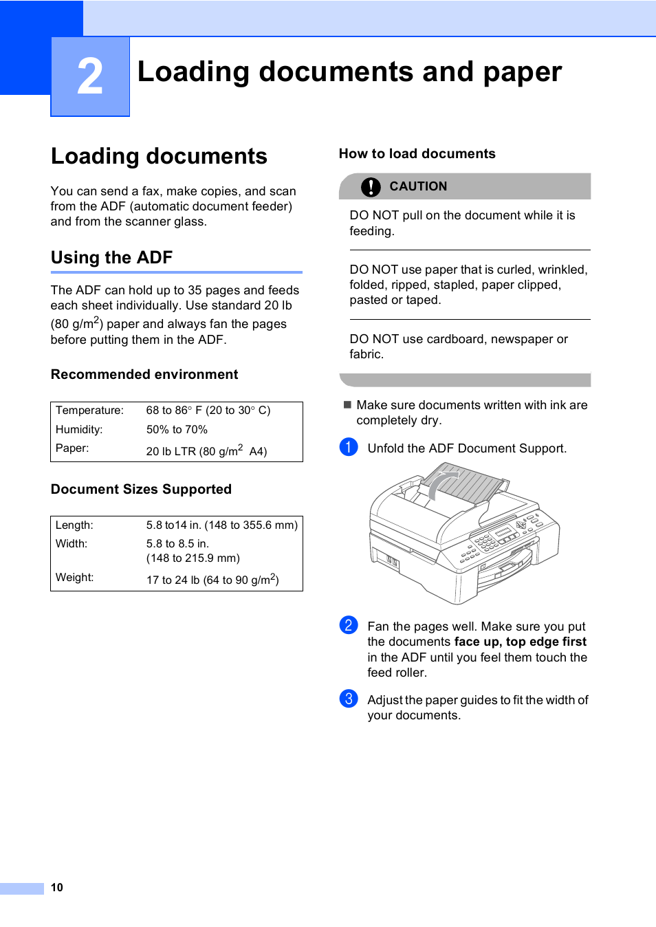 2 loading documents and paper, Loading documents, Using the adf | Recommended environment, Document sizes supported, How to load documents, Loading documents and paper | Brother MFC-5860CN User Manual | Page 26 / 169