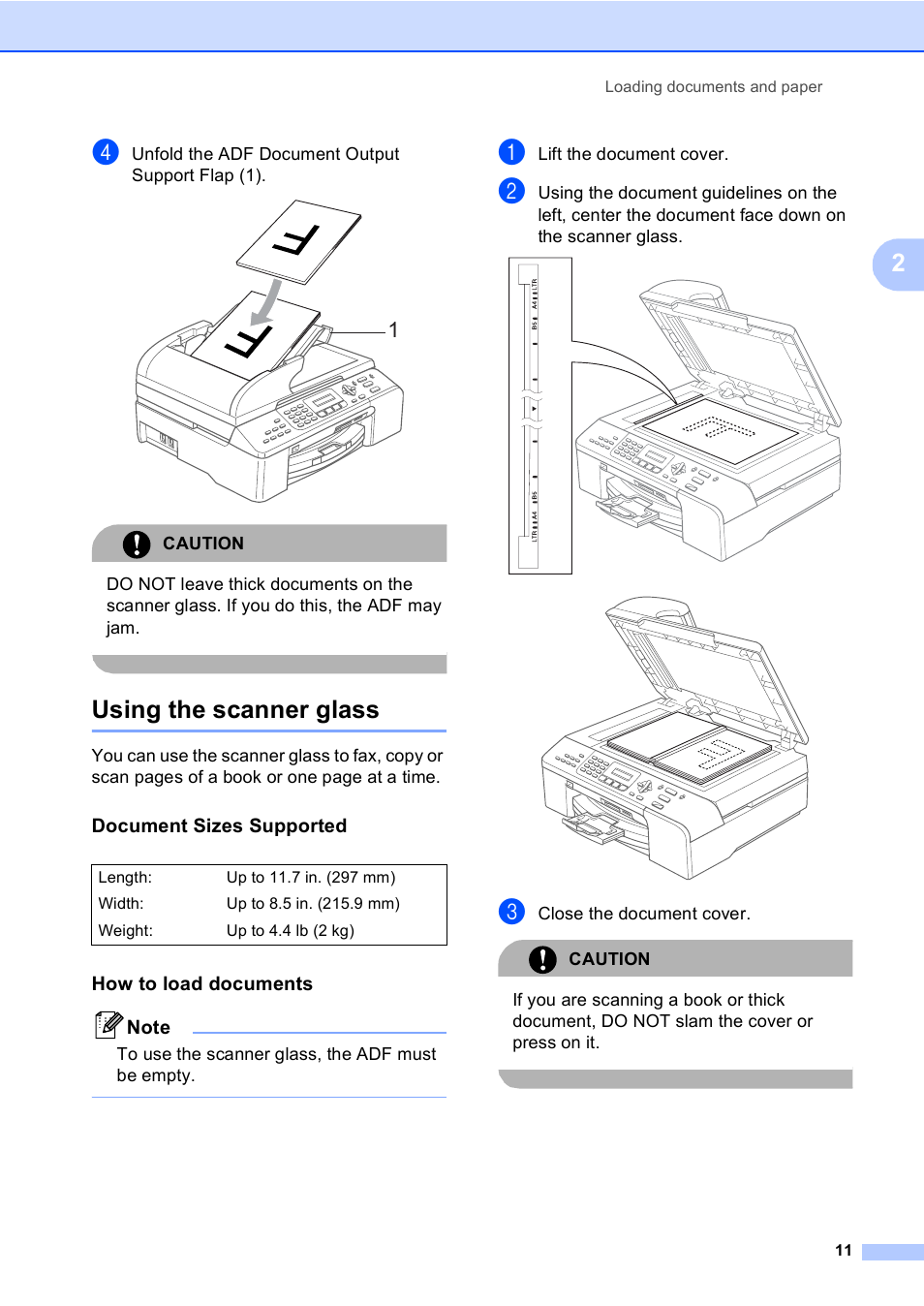 Using the scanner glass, Document sizes supported, How to load documents | Brother MFC-5860CN User Manual | Page 27 / 169