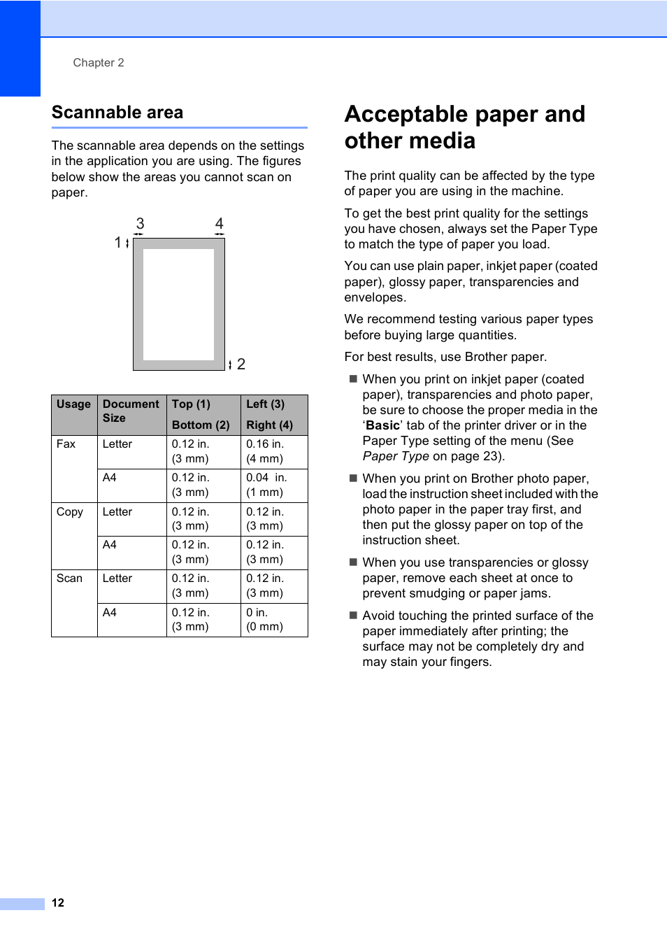 Scannable area, Acceptable paper and other media | Brother MFC-5860CN User Manual | Page 28 / 169