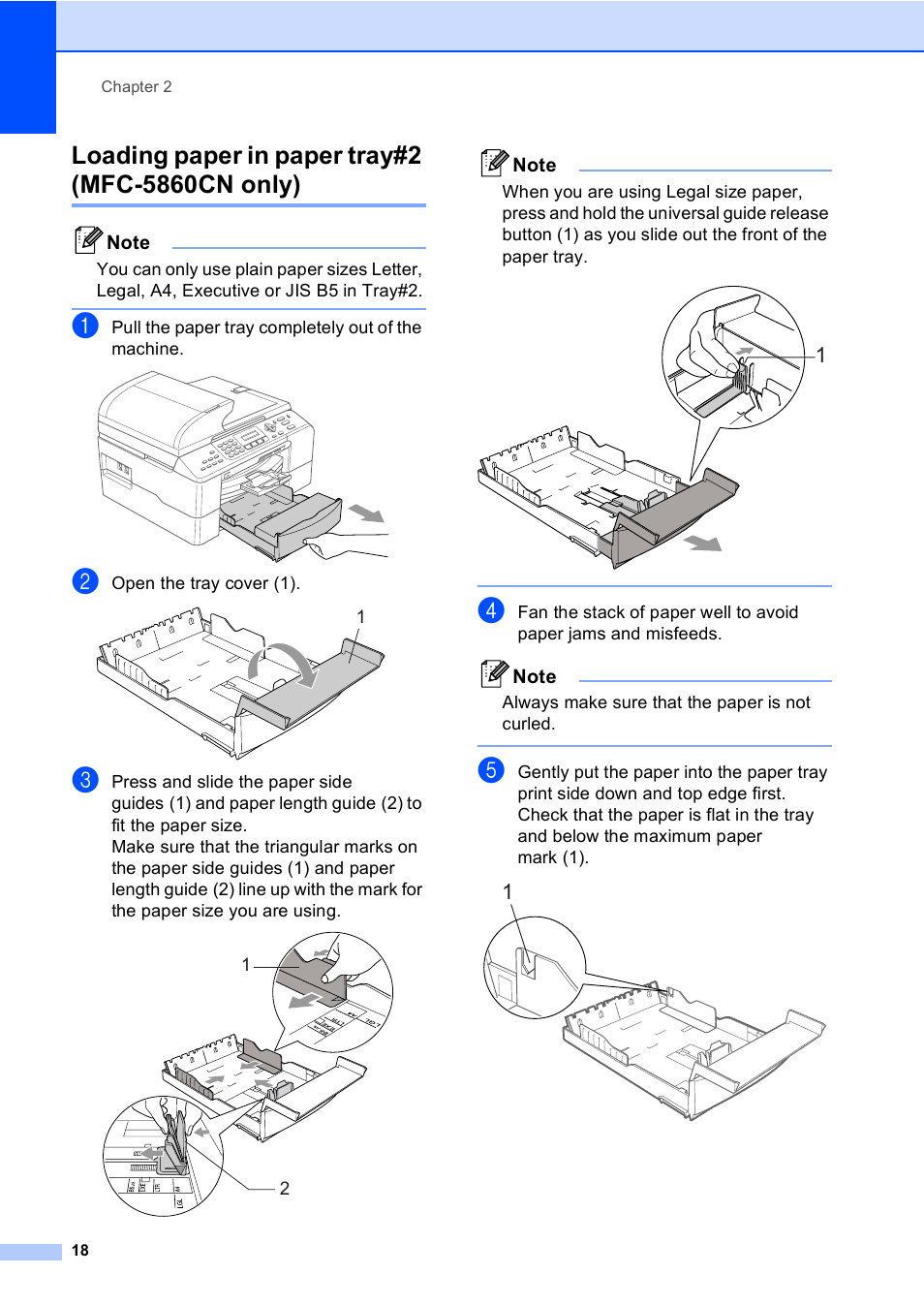 Loading paper in paper tray#2 (mfc-5860cn only) | Brother MFC-5860CN User Manual | Page 34 / 169