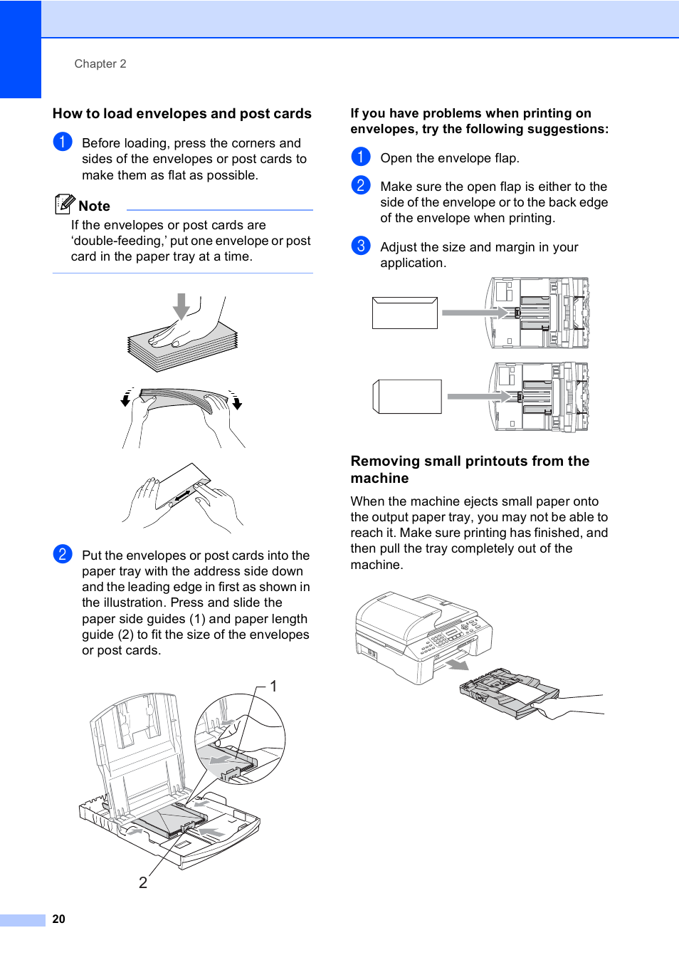 How to load envelopes and post cards, Removing small printouts from the machine | Brother MFC-5860CN User Manual | Page 36 / 169