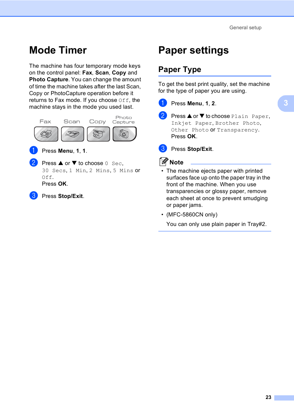 Mode timer, Paper settings, Paper type | Mode timer paper settings | Brother MFC-5860CN User Manual | Page 39 / 169