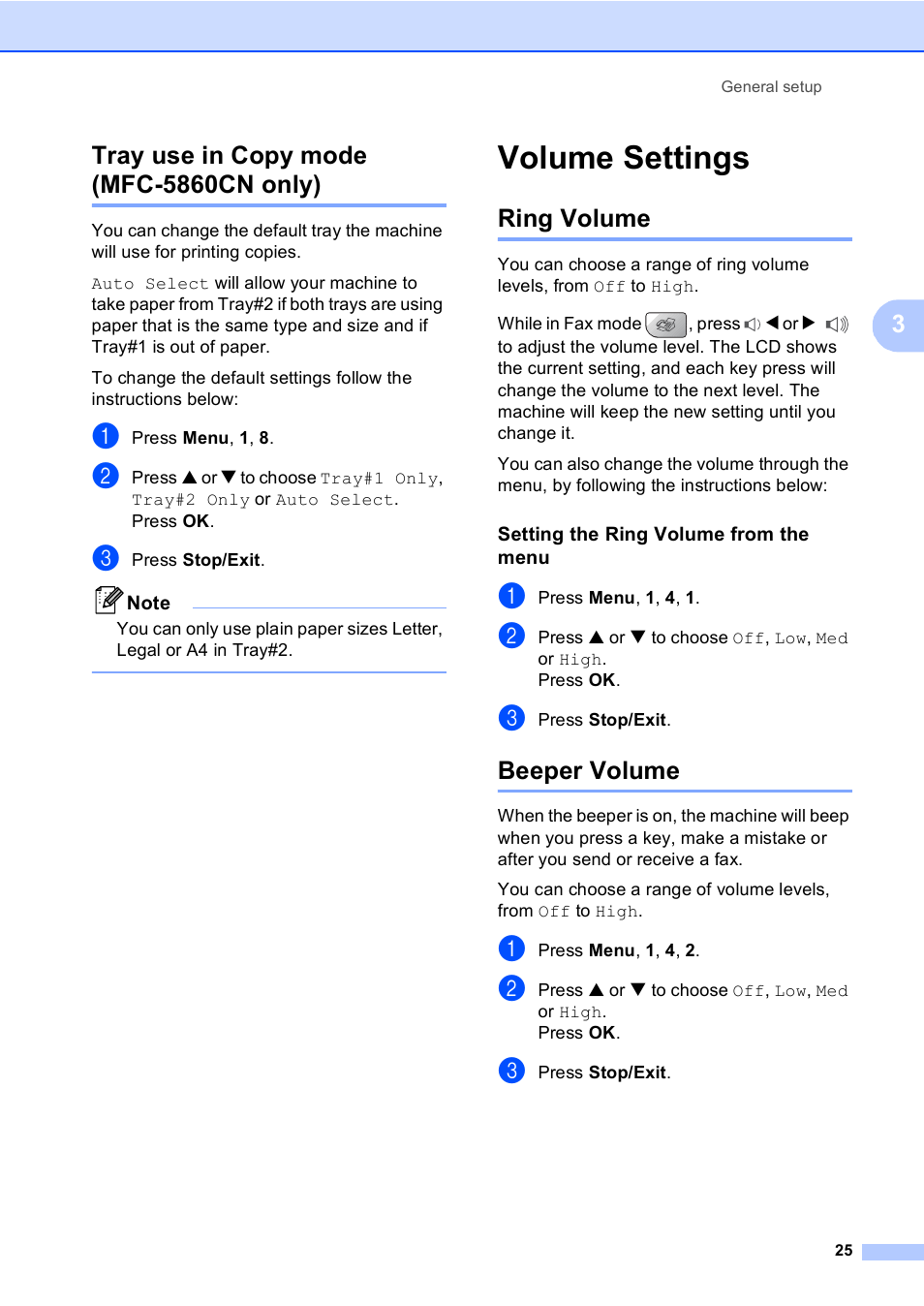 Tray use in copy mode (mfc-5860cn only), Volume settings, Ring volume | Setting the ring volume from the menu, Beeper volume, Ring volume beeper volume | Brother MFC-5860CN User Manual | Page 41 / 169