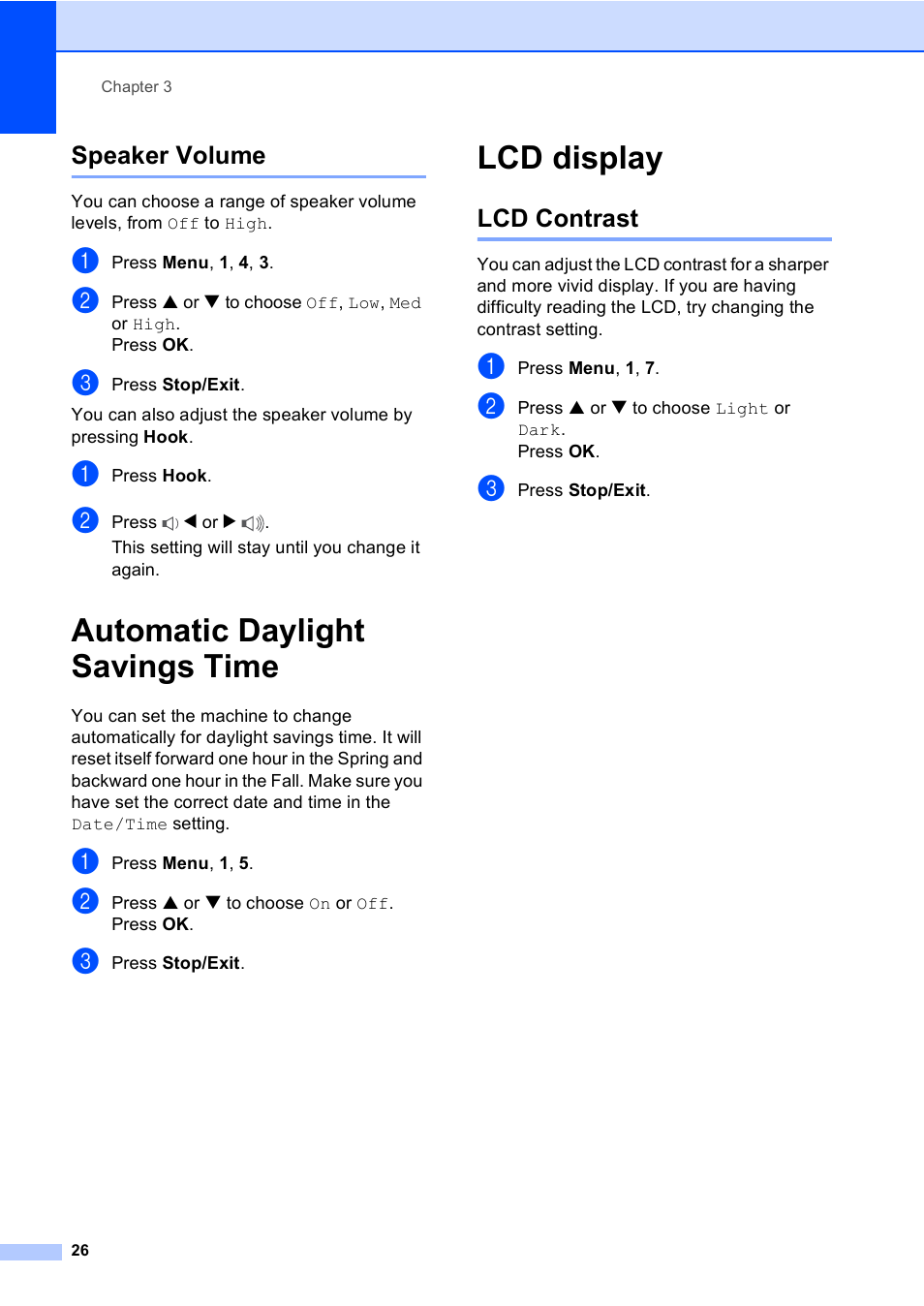 Speaker volume, Automatic daylight savings time, Lcd display | Lcd contrast, Automatic daylight savings time lcd display | Brother MFC-5860CN User Manual | Page 42 / 169