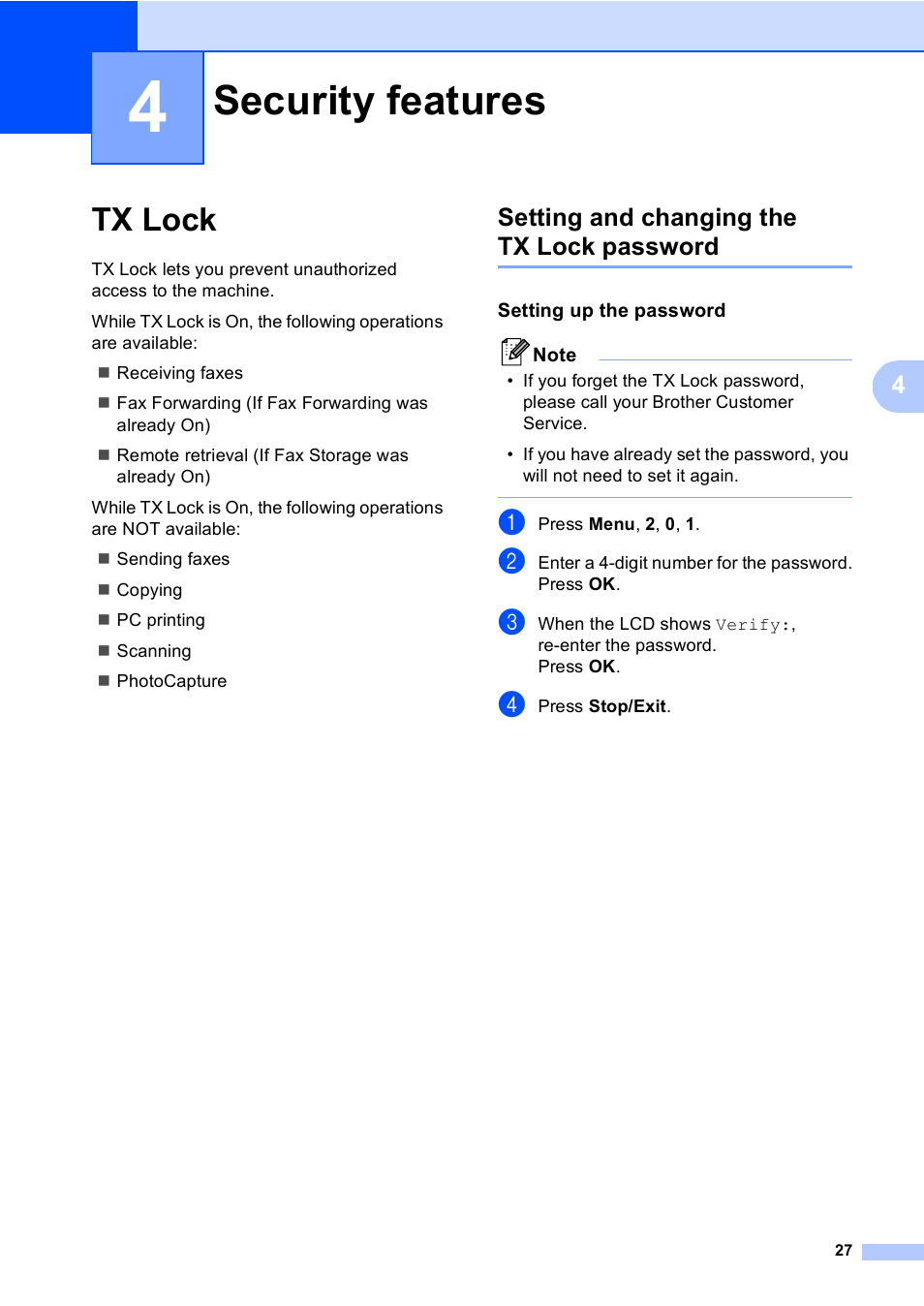 4 security features, Tx lock, Setting and changing the tx lock password | Setting up the password, Security features | Brother MFC-5860CN User Manual | Page 43 / 169