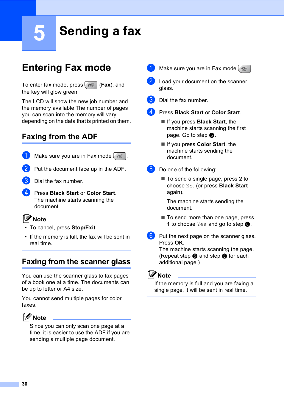 5 sending a fax, Entering fax mode, Faxing from the adf | Faxing from the scanner glass, Sending a fax, Faxing from the adf faxing from the scanner glass | Brother MFC-5860CN User Manual | Page 46 / 169