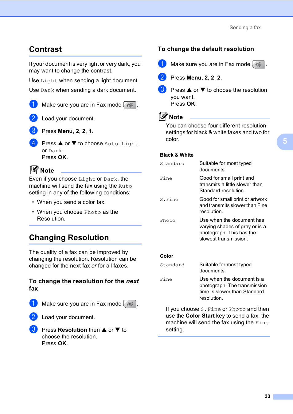 Contrast, Changing resolution, To change the resolution for the next fax | To change the default resolution, Contrast changing resolution, 5contrast | Brother MFC-5860CN User Manual | Page 49 / 169