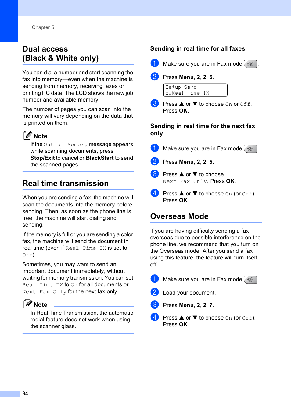 Dual access (black & white only), Real time transmission, Sending in real time for all faxes | Sending in real time for the next fax only, Overseas mode, Dual access, Black & white only), Real time transmission overseas mode | Brother MFC-5860CN User Manual | Page 50 / 169