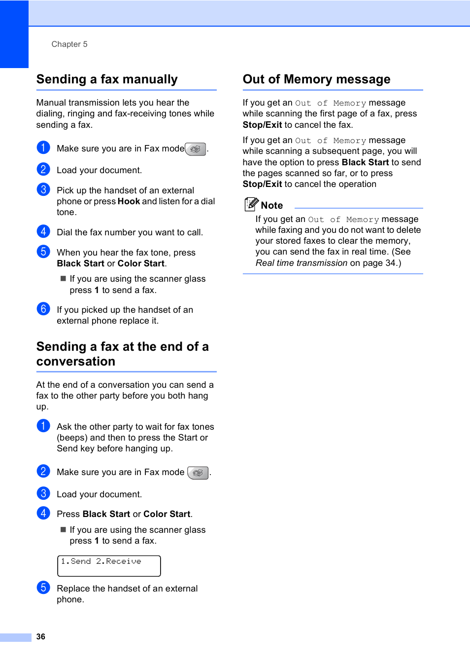 Sending a fax manually, Sending a fax at the end of a conversation, Out of memory message | Brother MFC-5860CN User Manual | Page 52 / 169