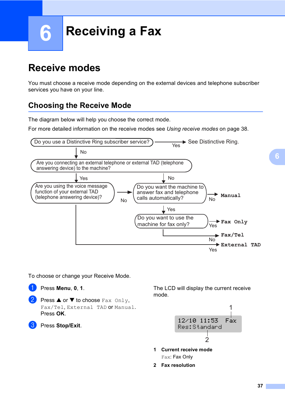 6 receiving a fax, Receive modes, Choosing the receive mode | Receiving a fax | Brother MFC-5860CN User Manual | Page 53 / 169