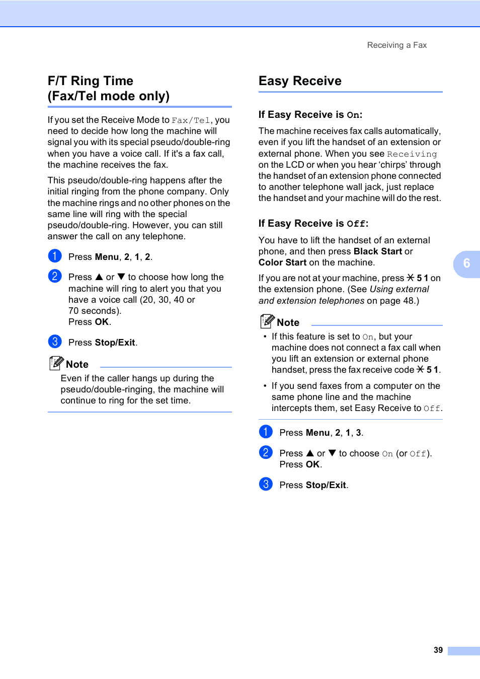 F/t ring time (fax/tel mode only), Easy receive, If easy receive is on | If easy receive is off, F/t ring time, Fax/tel mode only), 6f/t ring time (fax/tel mode only) | Brother MFC-5860CN User Manual | Page 55 / 169