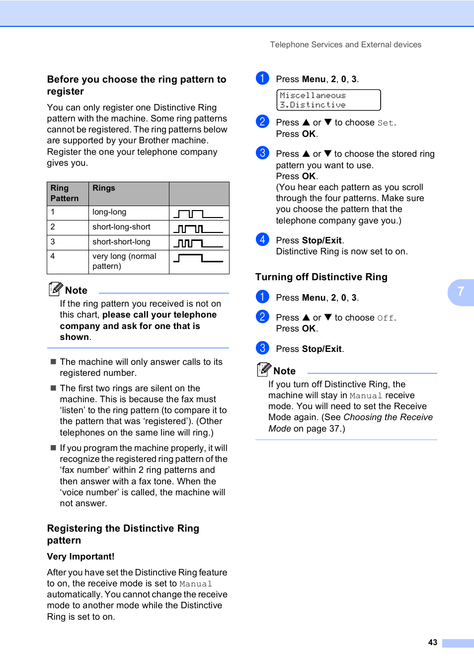 Before you choose the ring pattern to register, Registering the distinctive ring pattern, Turning off distinctive ring | Brother MFC-5860CN User Manual | Page 59 / 169