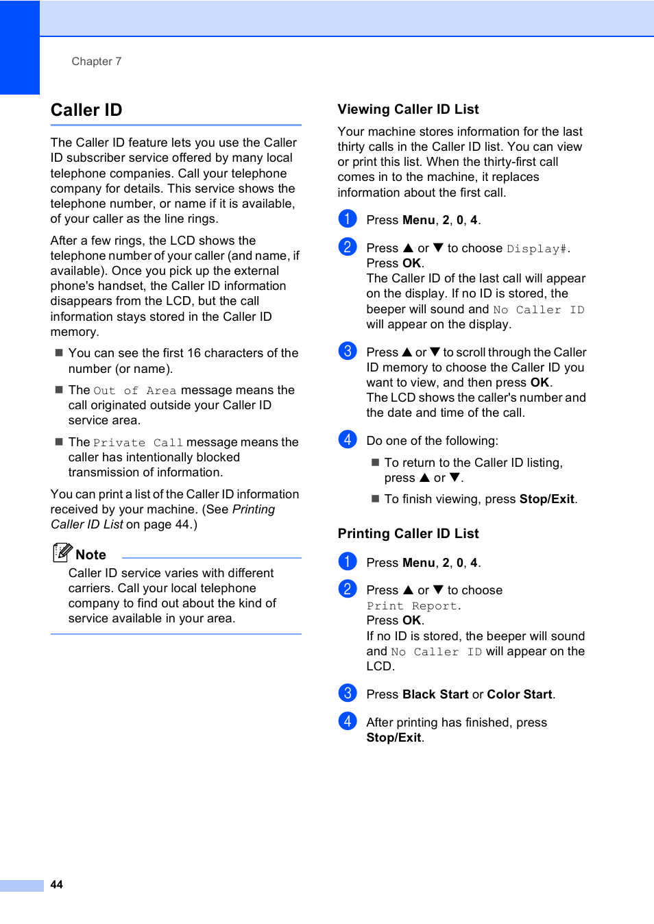 Caller id, Viewing caller id list, Printing caller id list | Brother MFC-5860CN User Manual | Page 60 / 169